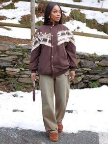 Yess Loren 女式格子印花长袖保暖内衬休闲衬衫夹克，秋冬 - 黑色 - 查看 3