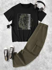 Coolqubz 2pcs/Set Teens' Loose Fit Round Neck Stylish Lion Graphic Pullover & Straight Leg Casual Pants Set,Unisex - Black - View 1