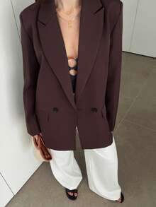 Hitanina Women's Business Style Solid Color Double-Breasted Blazer Jacket For Commuting, Autumn  - Coffee Brown - View 3