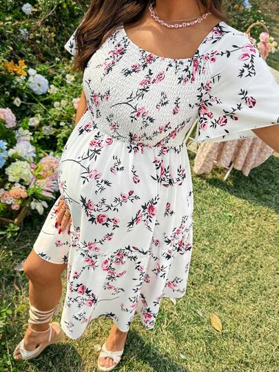 SHEIN Maternity Summer Vacation Floral Print Square Neck Dress Floral Summer Pregnancy Dress Puff Sleeve Dress Floral Maternity Dress Summer Maternity Dress Smocked Maternity Dress