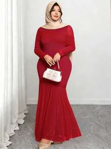 Cravure Plus Size Elegant Mock Neck Fitted Mesh Trim Dress Red Long Dress Chinese Style Dress Luxury Dress For Women Red Mermaid Dress - Red - View 1