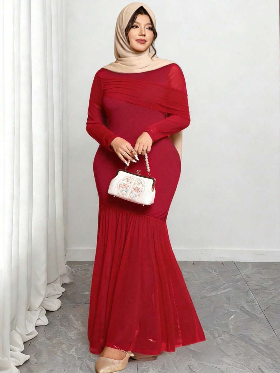 Cravure Plus Size Elegant Mock Neck Fitted Mesh Trim Dress Red Long Dress Chinese Style Dress Luxury Dress For Women Red Mermaid Dress - Red - View 1