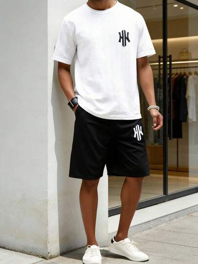 Vacaura 2pcs Boys Textured Fabric Set, Simple Letter Graphic Design Paired With Black Shorts, Suitable For Casual Outings