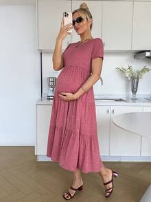 SHEIN Vestido de maternidad de unicolor con volantes en el bajo y cuello redondo de manga corta - Rosa - Ver 7