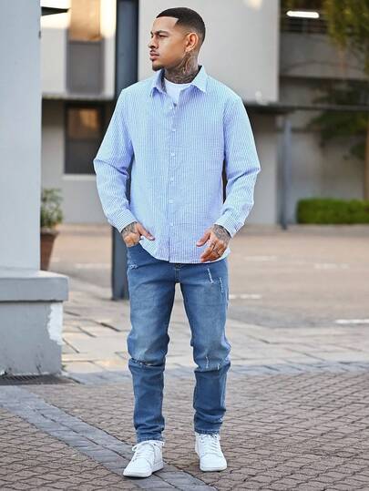 Devon Thys Erkekler için günlük kullanıma uygun, çizgili dokulu kumaştan üretilmiş, yumuşak ve rahat, evde veya dışarıda giyilebilecek, günlük işe gidip gelme için ideal, çok yönlü, sade ve şık tarzda, bol kesimli erkek gömleği.