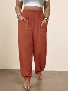 Freevana Plus Size Casual Pocket Hem Pants - Rust Brown - View 4