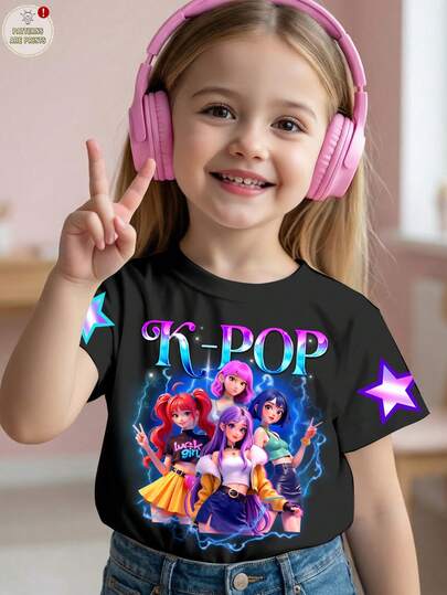 SHEIN Fashionable And Cool Colorful K-POP Girl Group Letter & Star Print Short Sleeve Round Neck T-Shirt, Suitable For Holidays, Parties, Daily Wear, Concerts, Casual And Minimalist Design, Suitable For Summer