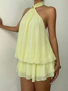 Aloruh 优雅性感纯色露背吊带迷你连衣裙，夏季 - 淡黃色 - 查看 4