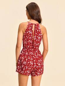 Coeurva Floral Print Halter Neck Tie Back Romper - Red and White - View 3
