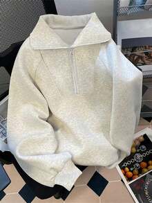 INAWLY Sudadera con cuello alto y media cremallera de unicolor y estilo minimalista casual para mujer de talla grande, para graduación, maestros y vuelta al colegio, otoño e invierno - Gris Claro - Ver 3