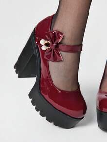 ROMWE Kawaii Women's Fashionable And Casual Platform High-Heeled Shoes, Punk-Style Elegant Solid Color With Bow And Pearl Strap Decorations, Comfortable Chunky Heel Platform Shoes For Nightclubs, Parties, And Holidays. Valentine's Day - Burgundy - View 3
