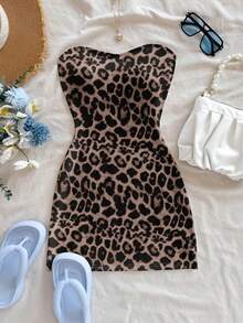 Soleia Sexy Leopard Print Sleeveless Mini Dress, Suitable For Beach Vacation In Summer Chic Dress - Brown - View 6