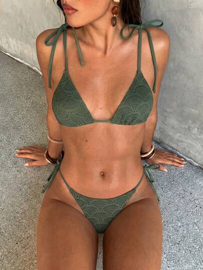 Bonvoyette 女士军绿色网纱镂空打结露背优雅比基尼套装，适合海滩、音乐节、春夏穿着