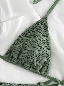 Swim Vcay 女士军绿色网纱镂空打结露背优雅比基尼套装，适合海滩、音乐节、春夏女士比基尼套装，女士两件式泳衣，夏季节日服装，女士派对服装，海滩服装 - 軍綠色 - 查看 4