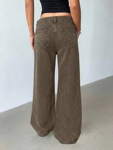 Aloruh Women's Pocket Button Casual Versatile Daily Wear Wide Leg Jeans - Coffee Brown - View 2