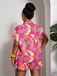 Slaydiva 新款休闲度假宽松纹理女式加大码衬衫，纽扣前襟搭配打结短裤套装，夏季 - 玫紅色 - 查看 3