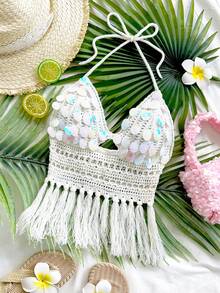 Soleia 女士串珠露背流苏针织上衣，适合度假、约会、下午茶、海滩、邮轮、城市旅行、婚礼季、音乐节、波西米亚风假期等场合。 - 彩色 - 查看 7