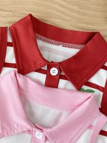 SHEIN Playful Pals Đầm hè kẻ sọc không tay cổ bẻ cho bé gái - Đỏ - Xem 5