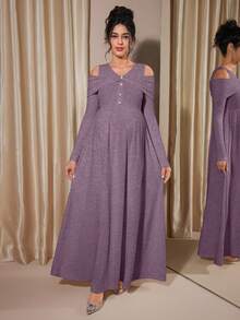 Momance 插肩袖纽扣前襟罗纹A字中长连衣裙，春秋季 - 紫色 - 查看 3