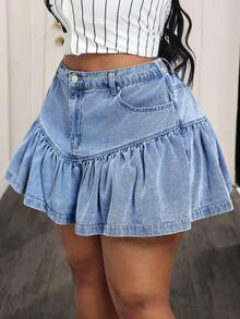 Slaydiva 大码女式高腰口袋荷叶边下摆休闲牛仔迷你裙 - 卡其色 - 查看 3