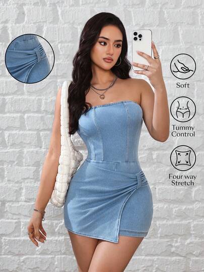 Rivivi Vestido de mezclilla ajustado con drapeado de unicolor para mujer