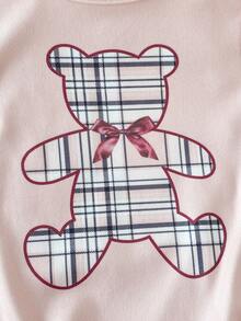 2pcs Baby Girls Elegant Pink Black White Plaid Bear Bow Print Round Neck Long Sleeve Top And Plaid Pants Snug Fit Comfortable Homewear Set - Pink - View 8