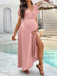 SHEIN Maternity Casual Solid Color Side Slit Dress - Baby Pink - View 4