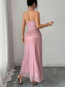 Modelyn Vestido elegante de mujer con parches de malla y jacquard de rosa - Rosa - Ver 2