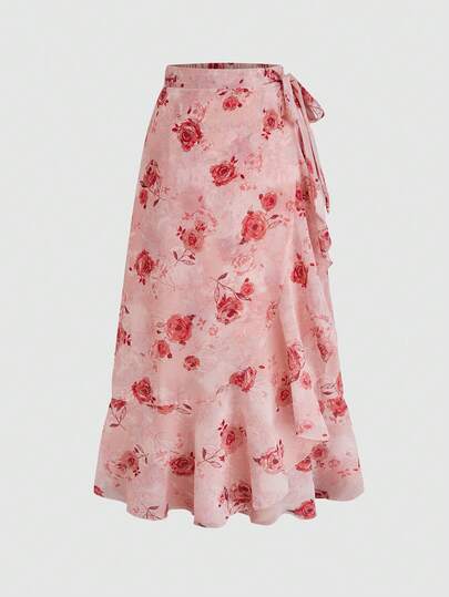 Franclia Plus Size French Romantic Chiffon Floral Print Ruffle Tie Waist A-Line Skirt, Spring/Summer