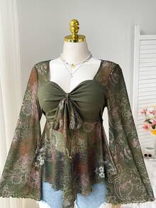 Comfortcana 大码女式波西米亚复古印花喇叭袖荷叶边下摆衬衫，春夏款 - 彩色 - 查看 5