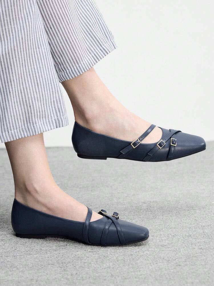 CUCCOO BIZCHIC Women Shoes Women's Square Toe Flat Bottom Dark Blue Multiple Strips With Low Vamp, Slip-On Stylish And Comfortable Mary Jane Shoes Daily Versatile Commuter Women's Flat Bottom Shoes Women's Shoes