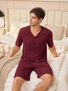 SHEIN Men's Casual V-Neck Half-Zip Short Sleeve Shorts Pajama Set, Loose Fit Solid Color Loungewear - Burgundy - View 4