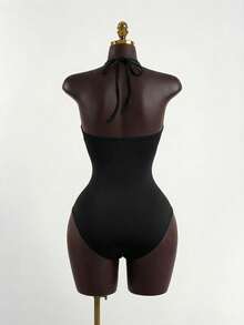 Lyxana Sexy Hollow Out Halter Bodysuit - Black - View 2