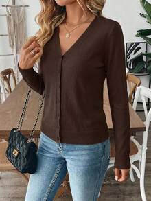 Cárdigan ligero de unicolor con botones para uso casual, oficina y transporte, otoño - Marrón - Ver 5