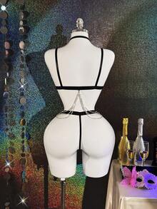 3pcs Lace Black Sensual Diamond Chain Luxury Sexy Set - Black - View 2