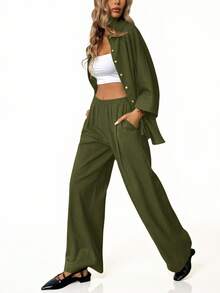Aveloria Modichic 2件套 女士混纺侧开衩宽松衬衫和高腰阔腿裤 优雅商务休闲女装 - 軍綠色 - 查看 2