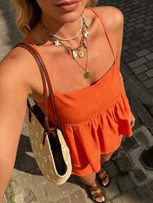 Selianne Áo hai dây nữ dáng suông, cỡ tiêu chuẩn, có bèo nhún ở gấu, thích hợp cho kỳ nghỉ xuân/hè. - trái cam - Xem 5