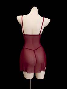 SHEIN 2 件套女士性感无线网眼内衣吊带红色内衣连衣裙，透明睡袍网眼透视连衣裙和丁字裤，外出 - 酒紅色 - 查看 3