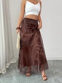 SHEIN Elenzya 女士腰果印花A字裙，魅力十足，适合度假、日常穿着、优雅通勤、时尚约会、法式街头风、复古百搭风，棕色印花，新款春夏长裙 - 棕色 - 查看 5