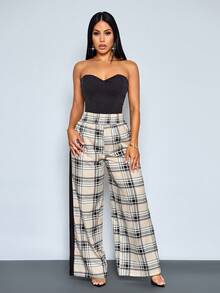 SOLERSUN Women's Spring Summer Casual Elegant Old Money Contrast Color Tartan Plaid Print Wide Leg Pants, Suitable For Vacation, Business, Office, Commute, Daily Wear - Black - View 3