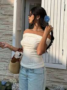 Serisse Women's Off Shoulder Textured T‑Shirt – Slim Fit Stretchy Summer Casual Top Women's Casual Vacation Textured Off Shoulder Tight T-Shirt, Summer,Spring,Valentine's Day,Party,Wedding,Ceremony,Elegant ,Vacation,Casual, Formal, - Apricot - View 4