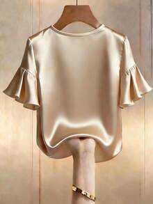 Modelyn Satin Shiny Pearl Button Decor Short Sleeve Casual Blouse For Women, Spring/Summer - Apricot - View 2