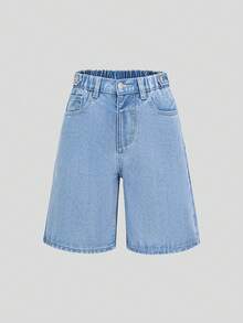 SHEIN 少女牛仔裤，夏季新品，宽松版型，浅色水洗牛仔布，舒适棉质面料，适合休闲、上学、工作和聚会等场合。 - 淺色水洗藍 - 查看 3
