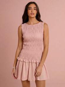 Enchnt 女士纯色圆领荷叶边无袖度假连衣裙 - 藕粉色 - 查看 6