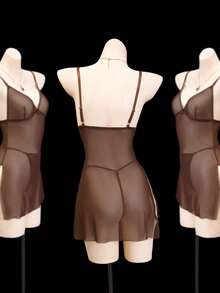 2pcs/Set Women's Sexy Wireless Mesh Lingerie Camisole Set - Coffee Brown - View 3