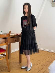 DAZY Tween Girls' Casual Cartoon Print Mesh Patchwork Summer Dress - Black - View 4