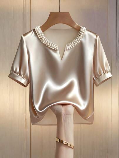 Franclia Minimalist V-Neck Pearl Embellished Loose Acetate Satin Casual Blouse For Women