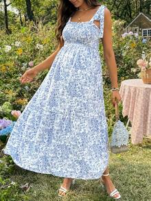 SHEIN Pregnant Women's Square Neck Ditsy Floral Sleeveless Casual Summer Dress - Blue and White - View 7