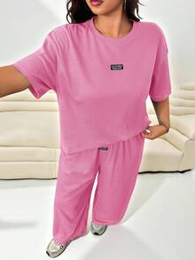 Solflare Conjunto informal de 2 piezas de cárdigan de punto texturizado talla grande + pantalones sueltos - Rosa Fucsia - Ver 4