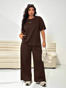 Solflare Chocolate Brown Plus Size Textured Knit Cardigan T-Shirt + Loose Pants Casual 2 Pieces Set - Chocolate Brown - View 3